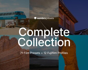 Pacchetto di preset per Lightroom, 71 preset per pellicole + 12 profili Fujifilm, collezione completa Sombra, per dispositivi mobili e desktop, stile Kodak e Wes Anderson.