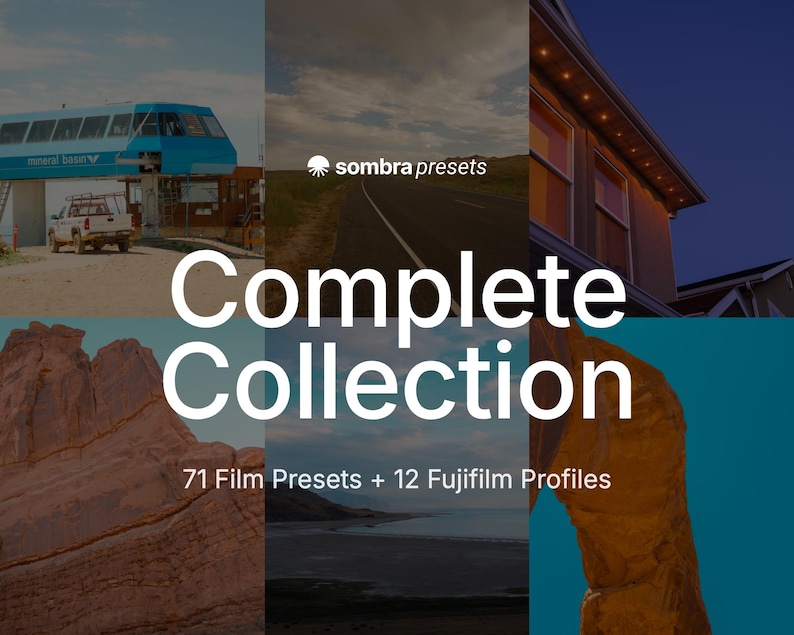May include: A digital graphic featuring the text "sombra presets" and "Complete Collection" with the subtitle "71 Film Presets + 12 Fujifilm Profiles". The background is a collage of six distinct photographs showing landscapes, a blue tram, and a house.