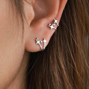 Star Ear Cuff No Piercing, Minimalist Double Star Cartilage Cuff, Gothic Silver Ear Wrap, Clip On Ear Cuff, Edgy Alternative Jewelry