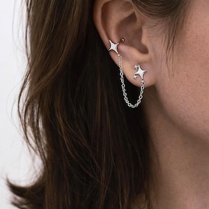 Örhänge med stjärnkedja, Celestial örhänge med kedja, Stjärnformade örhängen, Kantig örhänge, Set med manschett och örngott utan piercing