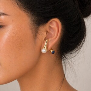 Gold Pearl Front Back Earrings, Double Sided Stud Earrings, Sculptural Curved Earrings, Minimalist Statement Jewelry, Pearl Drop Earrings