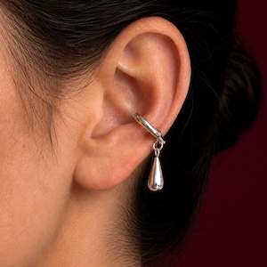 Silver Teardrop Ear Cuff No Piercing, Minimalist Water Drop Cartilage Cuff, Geometric Ear Wrap, Dangle Ear Cuff for Women