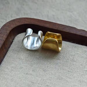 May include: Two metal rings, one silver and one gold, sit side-by-side on a neutral-toned surface. The rings have a unique, curved design, with a smooth, polished finish. The silver ring reflects light, while the gold ring has a warm, lustrous appearance. Jewelry.