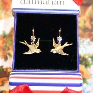Vintage brass swallow earrings, Victorian style, crystal leverbacks,  gold birds, sweet keepsake