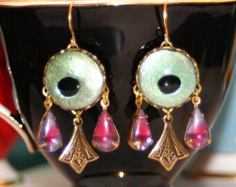 Vintage peacock eye glass Sabrina pink blue Art Nouveau artisan earrings