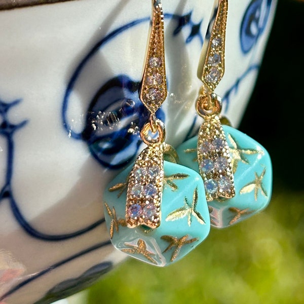 Vintage Austrian 1970s turquoise and gold glass starburst Egyptian Grecian crystal Gold pave drop earrings