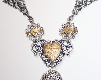 Handmade Artisan vintage Glas filigrane viktorianische deco nouveau Herz Vorhängeschloss rollte Medaillon Silber Halskette
