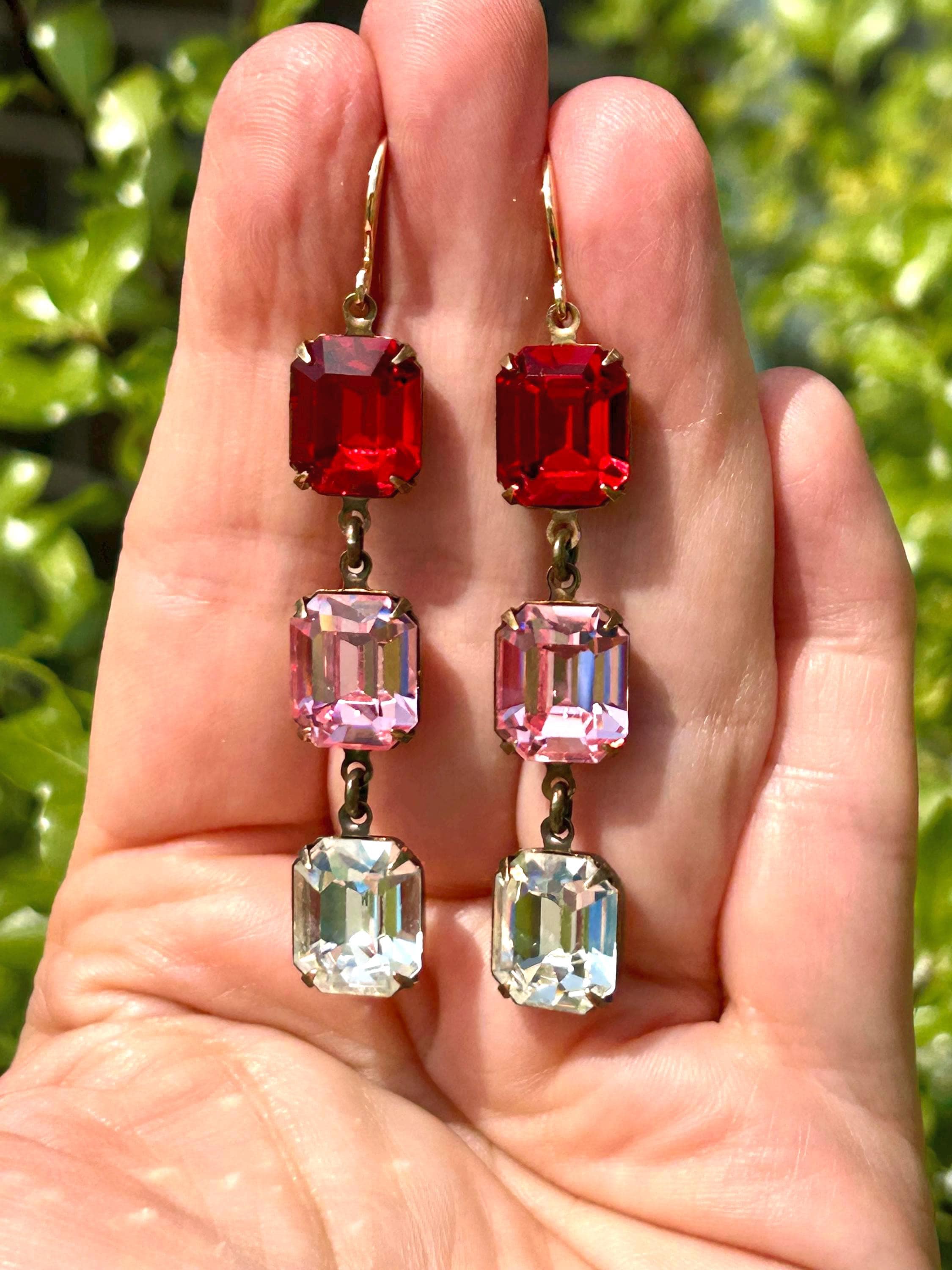 Vintage Swarovski Crystal Dangle Earrings, Red Pink Clear Ombré