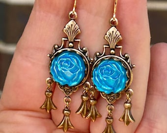 1940s Aurora Rose Chandelier Earrings: Vintage Blue Glass, Art Nouveau Dangles