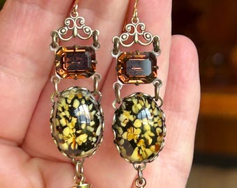 Handmade Filigree Dangle Earrings, Honey Topaz, Vintage Japan Glass