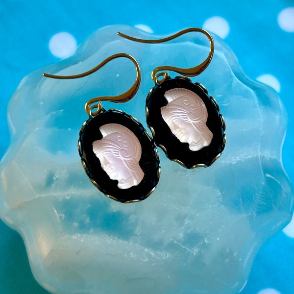 Vintage glass cameo Trojan warrior earrings, black soft pastel pink, rosaline, frosted raised relief glass, gold brass dangles, Grecian troy