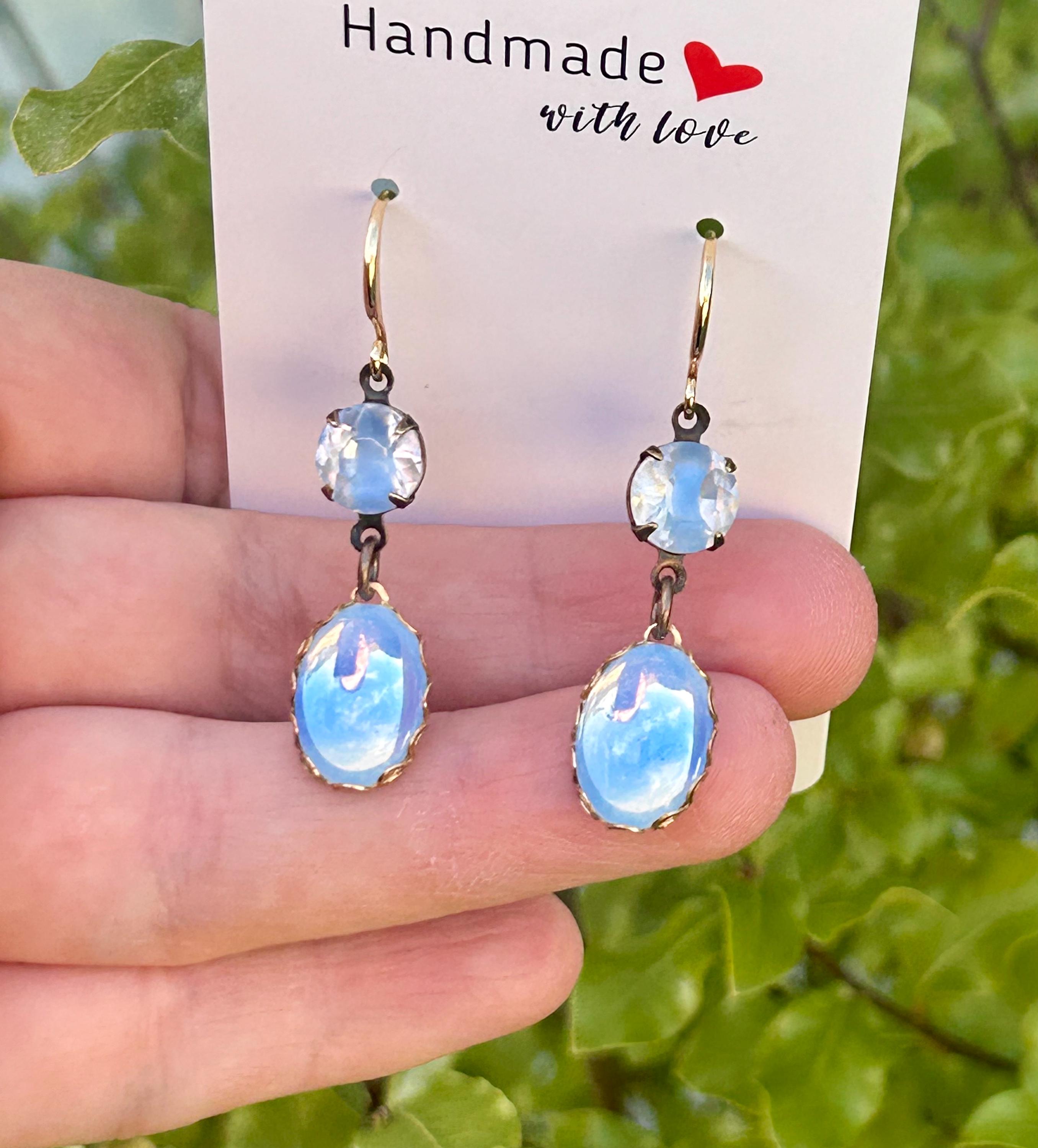 Boucles D’Oreilles Opaline & Cristal Bleu Venot - Bijou Fait En France, Pendantes Dormeuses En Acier