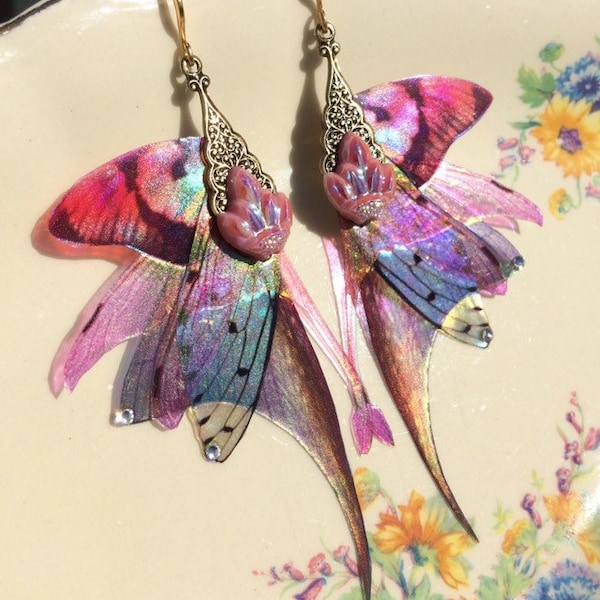 Handmade Fairy Wing candy bud magical enchanted fae pixie artisan gold dangle statement fairytale butterfly earrings