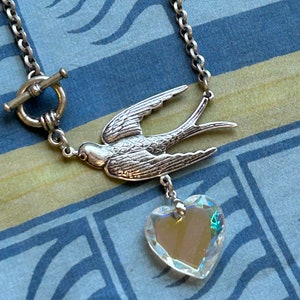 Victorian swallow bird heart aurora clear crystal pendant necklace, silver vintage jewelry, keepsake gift