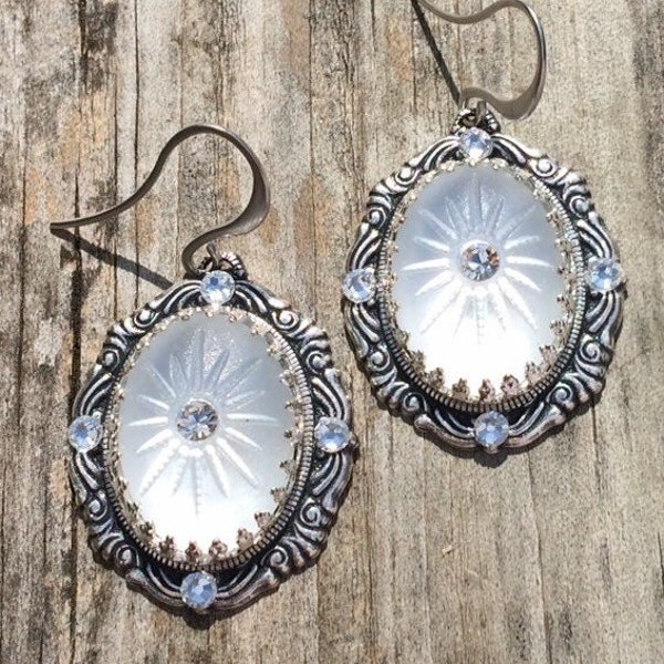 Vintage frosted glass earrings, sunray, starburst, camphor glass earrings, crystal earrings, silver  dangle earrings, art deco earrings