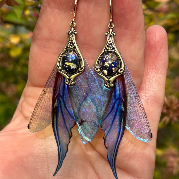 Fairy Wing earrings, opal glass jewelry, fairycore, dragonfly dangles, Fairytale wedding, wing jewellery , iridescent, blue earrings