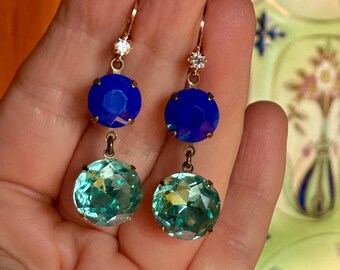 Czech Glass Rhinestone Drop Earrings: Antique Brass, Navy & Aquamarine