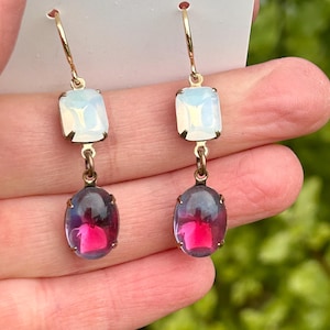 Vintage Two-Tone Opaline Glass Dangle Earrings: 1940s-50s Antique Brass