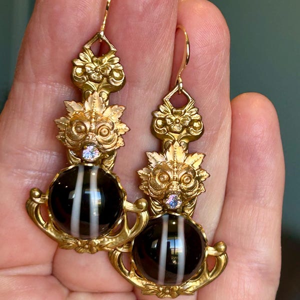 Medieval gothic vintage brass earrings, striped glass, Victorian gargoyle, Georgian revival