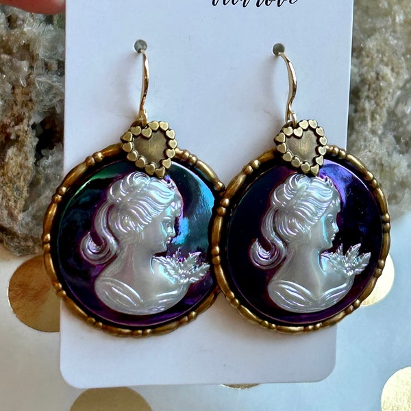 Handmade Big 30mm round vintage german purple scarabee pearl cameo heart charm antique brass earrings