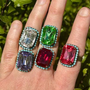 1920s style Cocktail Ring, Vintage Glass Gemstone, Turquoise Halo, Adjustable Brass Band