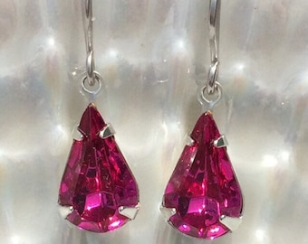 handmade earrings, Swarovski crystal earrings, fuchsia pink earrings, crystal earrings, petite pear earrings, bridesmaid earrings