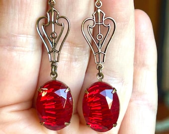 Art Deco Ruby Red Earrings: Vintage Filigree Crystal Jewelry