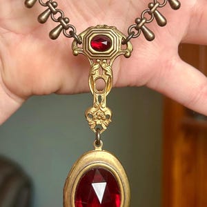 Tudor renaissance garnet red locket Necklace, Vintage Czech Glass, Bohemian Statement Piece, specialty artisan chain