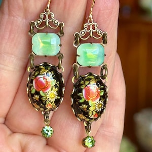 Filigree Dangle Earrings, Green Opaline Glass, Black Floral Lucite