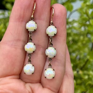 Vintage aurora pearl earrings, triple drop dangles, antique brass jewelry, glass jewelry, antique white
