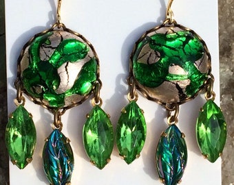 Vintage foiled emerald silver art glass leaf Aurora Navette chandelier dangle brass gold earrings