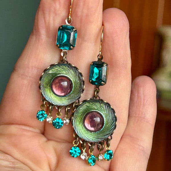 Antique Iridescent Art Glass Earrings, made with Swarovski, Crystal chandeliers