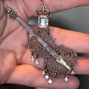 Violin bohemian filigree pendant necklace, 18 inch, 16ct gold plated brass chain, keepsake jewelry, clear crystal, made with Swarovski