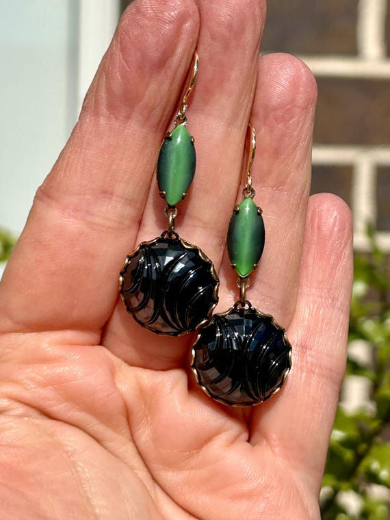 Art deco earrings, vintage glass jewelry, double drop dangles,  antique brass, green hematite