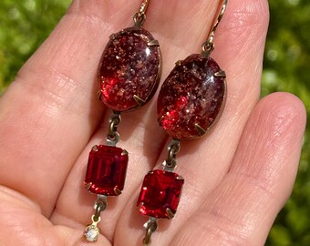 Clara red glitter glass crystal earrings, made with Swarovski, vintage glass