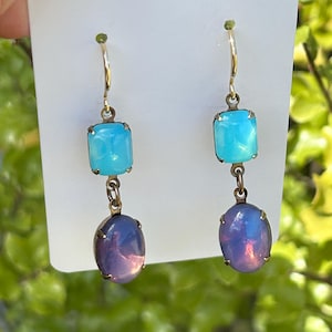 Vintage lila opalinhängande örhängen, art déco-stil, turkos accent