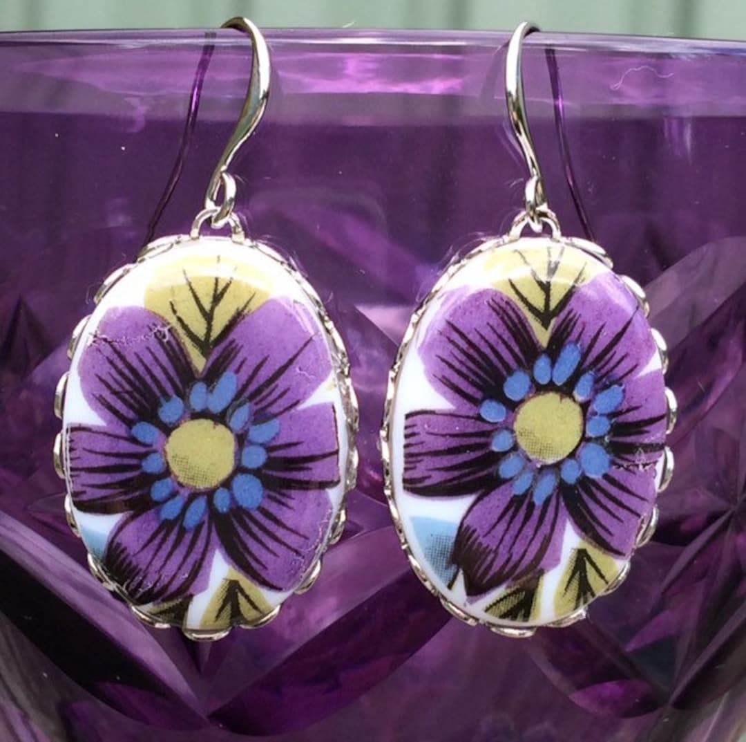 Vintage Milchglas Ohrhänger 1960er Jahre Blumen Bügelbild Silber ...
