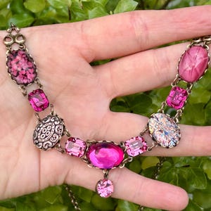 Vintage pink assortment glass necklace, made with Swarovski, antique brass jewelry, star sapphire