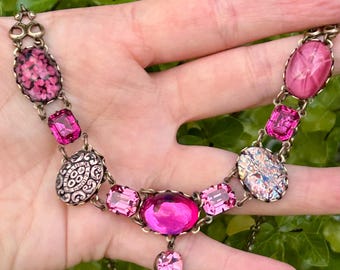 Vintage roze assortiment glazen ketting, gemaakt met Swarovski, antieke koperen sieraden, stersaffier