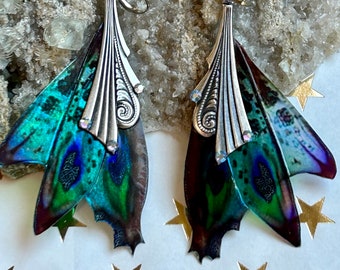 Fairy Wing peacocks dance iridescence crystal scrolled silver earrings