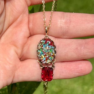 Vintage Harlequin Glass Pendant Necklace: Red Swarovski Crystal, 16ct Gold Chain