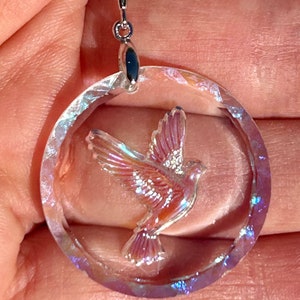 Vintage German reverse carved glass bird in flight iridescent dove tarnish resistant silver pendant necklace