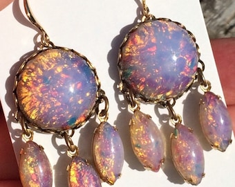 handmade Vintage foiled milky harlequin pink art glass opal opaline opalescent Navette chandelier dangle gold earrings