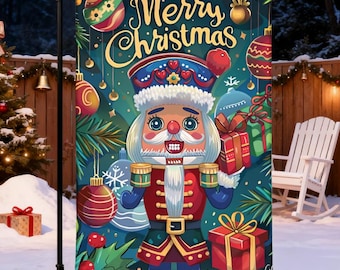 水彩画「クリスマス人形」 水彩画のくるみ割り人形の旗、ガーデン＆ハウスバナー、クリスマス