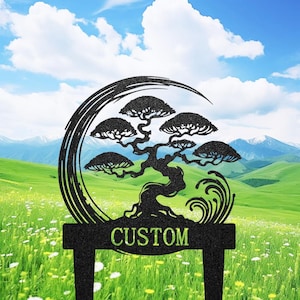 Personalized Bonsai Tree Garden Sign with Stake, Metal Bonsai Garden Stake, Custom Garden Stake, Metal Asian Yard Art, Yard Sign Decoration