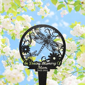 Personalized Dragonfly Memorial Stake, Metal Stake, Garden Decor, in Loving Memory, Sympathy Sign, Grave Marker, Dragonfly and Flower Sign