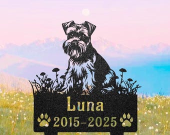 Estaca de jardín conmemorativa personalizada para Schnauzer miniatura: Letrero metálico personalizado con el nombre de tu mascota