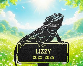 Estaca de jardín conmemorativa personalizada de dragón barbudo: lápida de lagarto personalizada