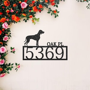 Outdoor Address Sign, Personalized Metal House Number Plaque for Home, Garden, Driveway, Custom Dog Wall Art with Vizsla, Watchdog Decor