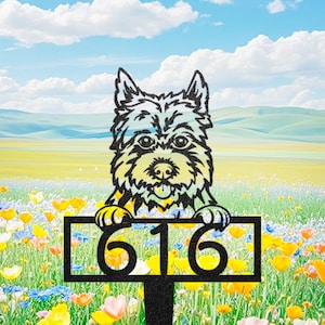 Gepersonaliseerde Cairn Terrier huisnummerbord, aangepaste hondenwerfpaal, naamplaat hond of huisdier grafsteen, schattige buitentuindecoratie